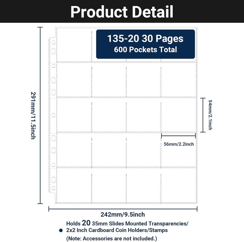 ENPOINT 30 Pack Protective Photo Slide Pages, 35mm Slide Storage Pages, 600 Pockets 2x2 Top Loading Coin Sleeves, Cardboard Coin Holder Sleeves, Stamp Collecting Supplies for 3 Ring Binder - Image 2
